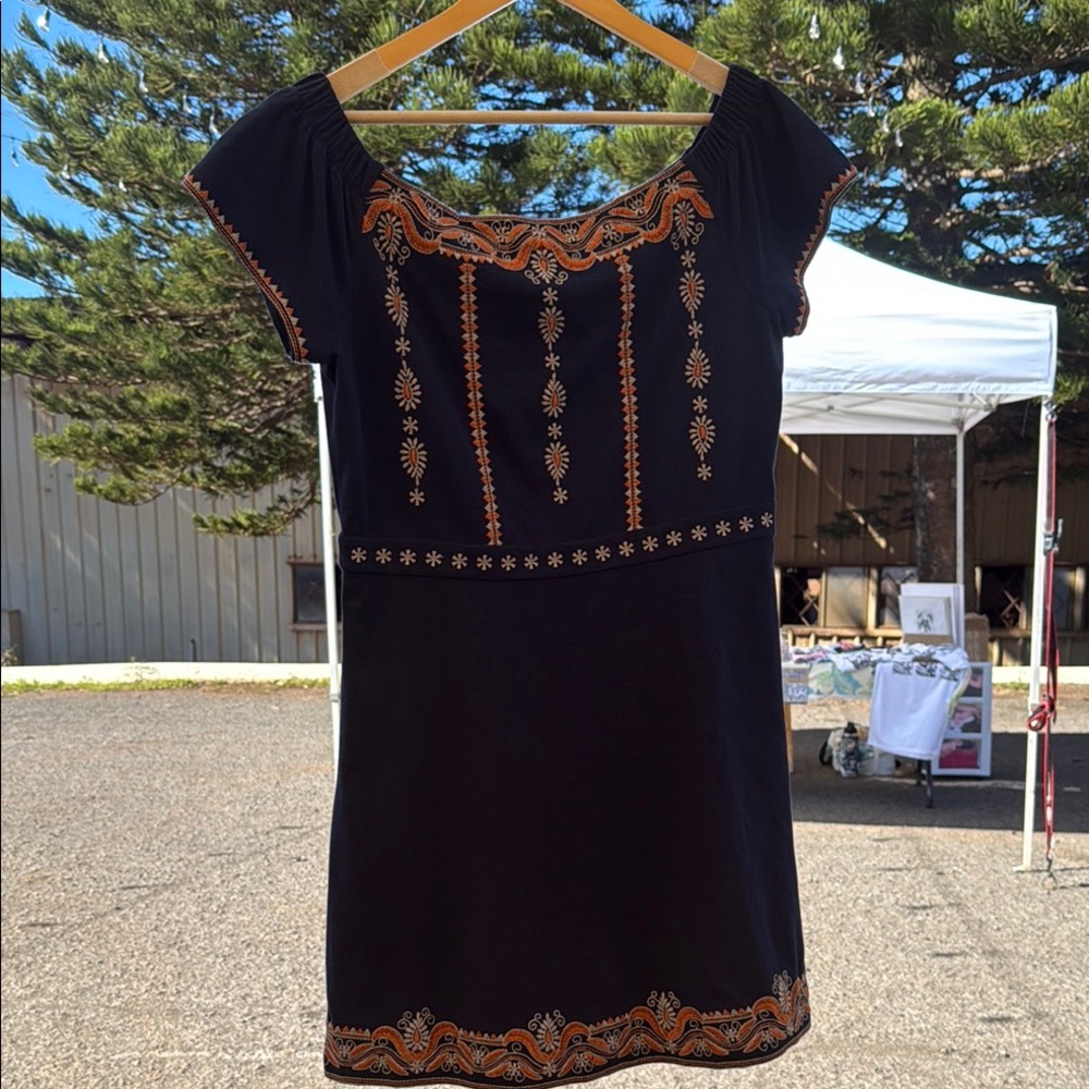 Tory Burch Navy Dress with Orange Embroidery